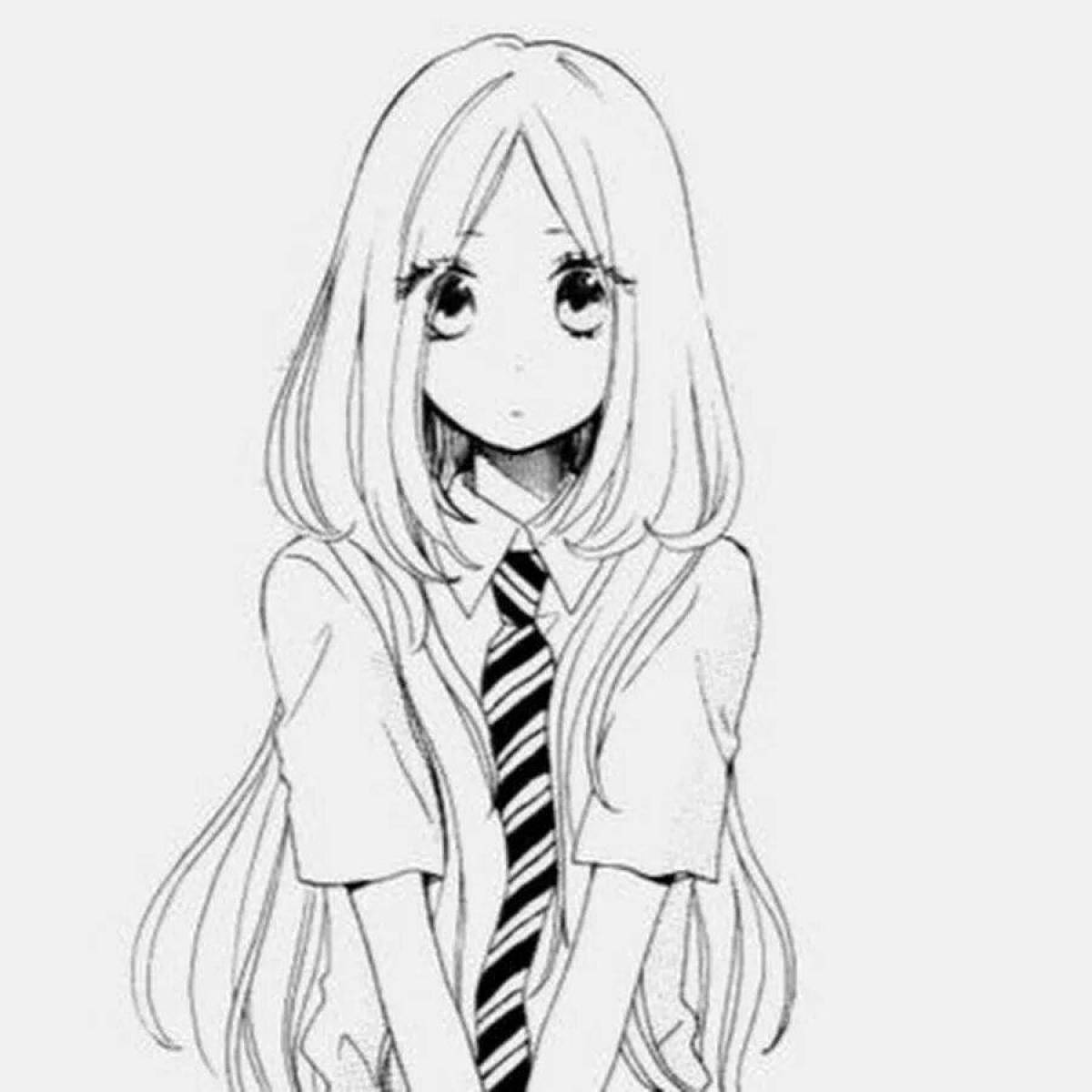 Увлекательная раскраска аниме девушки с длинными волосами