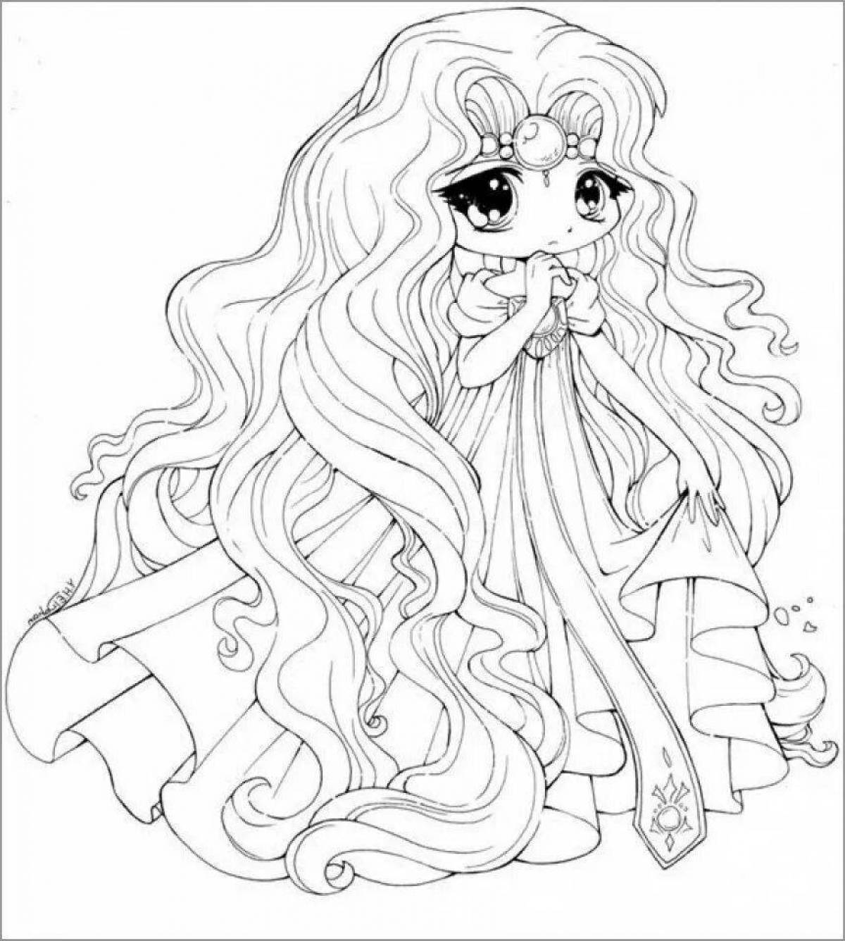Буйная раскраска аниме девушки с длинными волосами