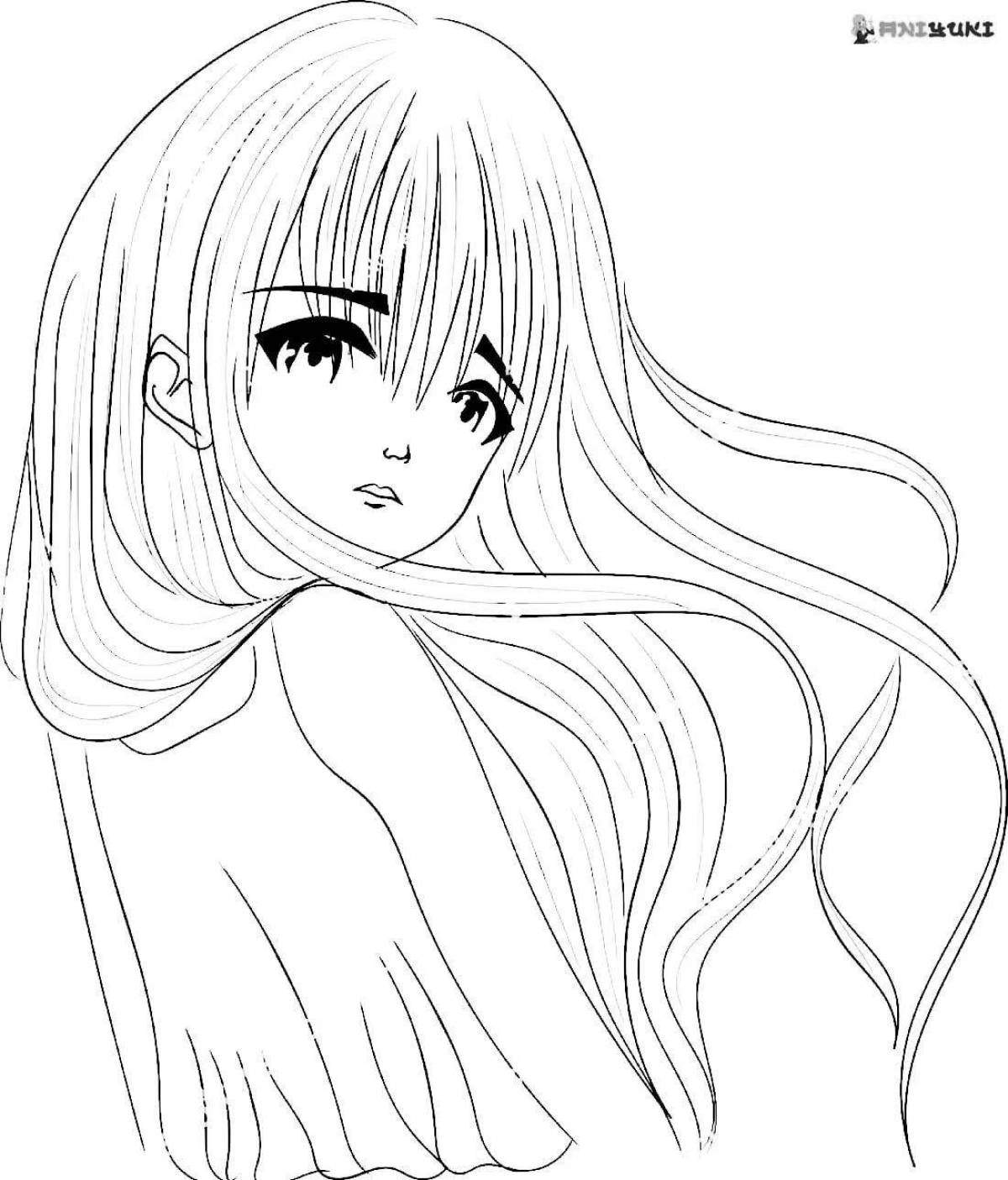 High-impact coloring anime girl with long hair