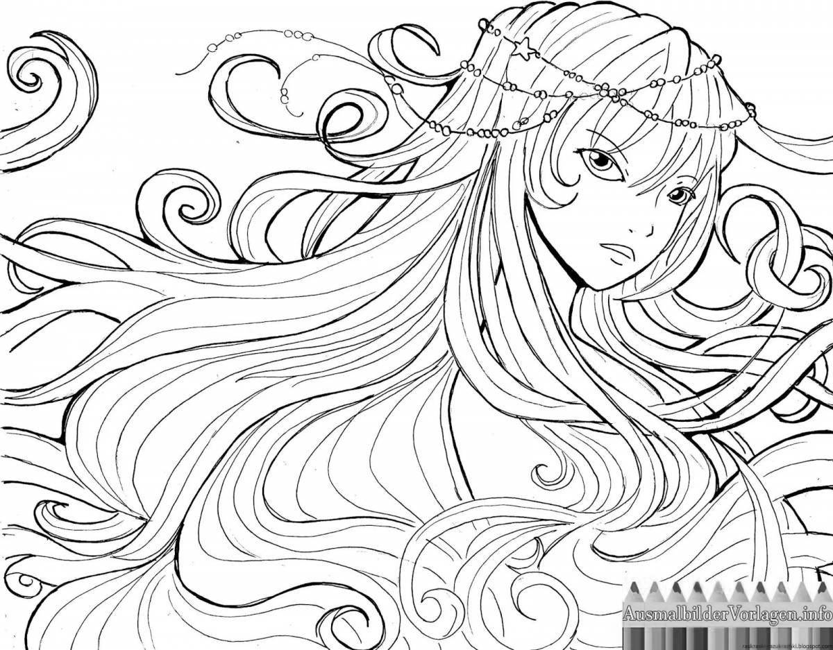 Блестящая раскраска аниме девушки с длинными волосами