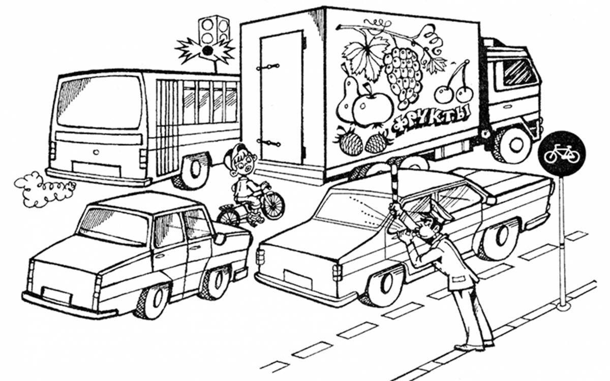 Креативная страница раскраски безопасности дорожного движения