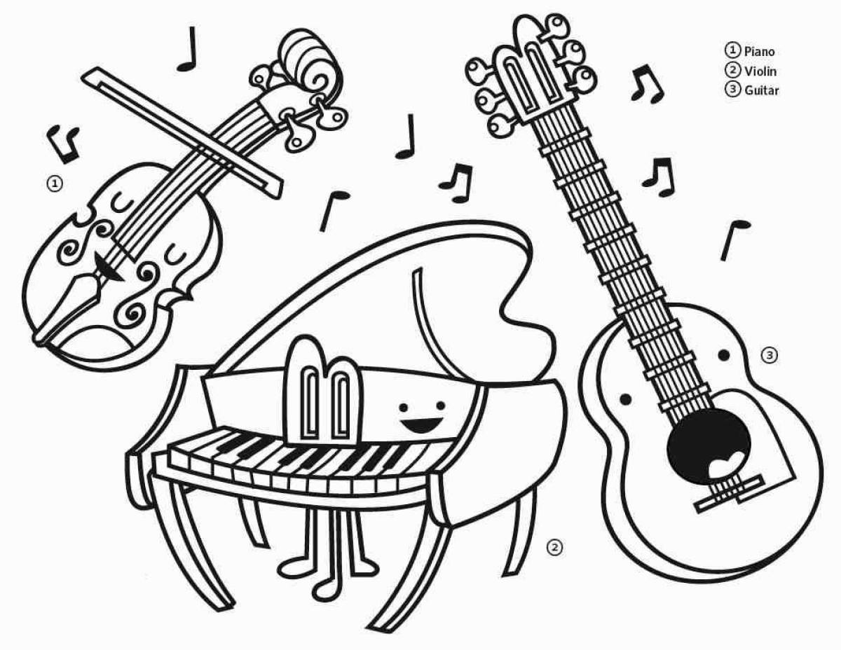 Funny musical instruments coloring pages for kids