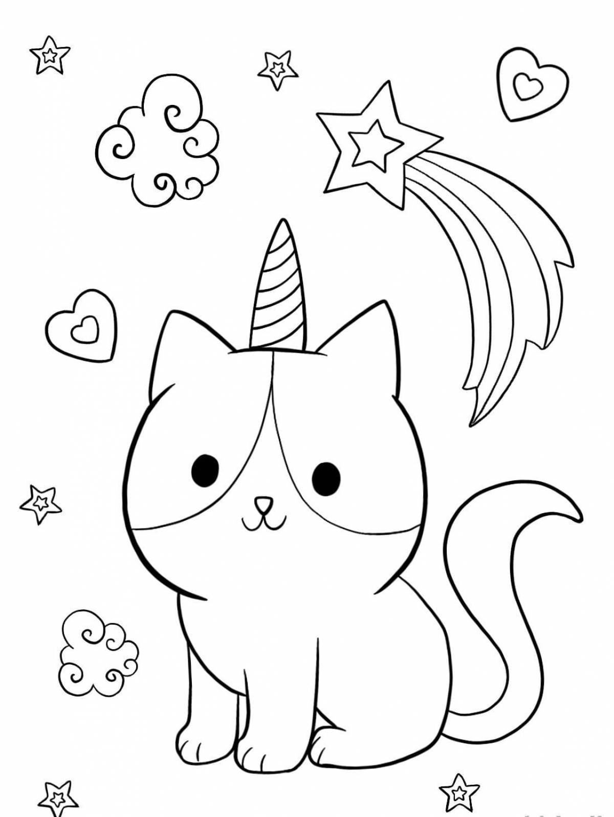 Радужная раскраска кошка единорог