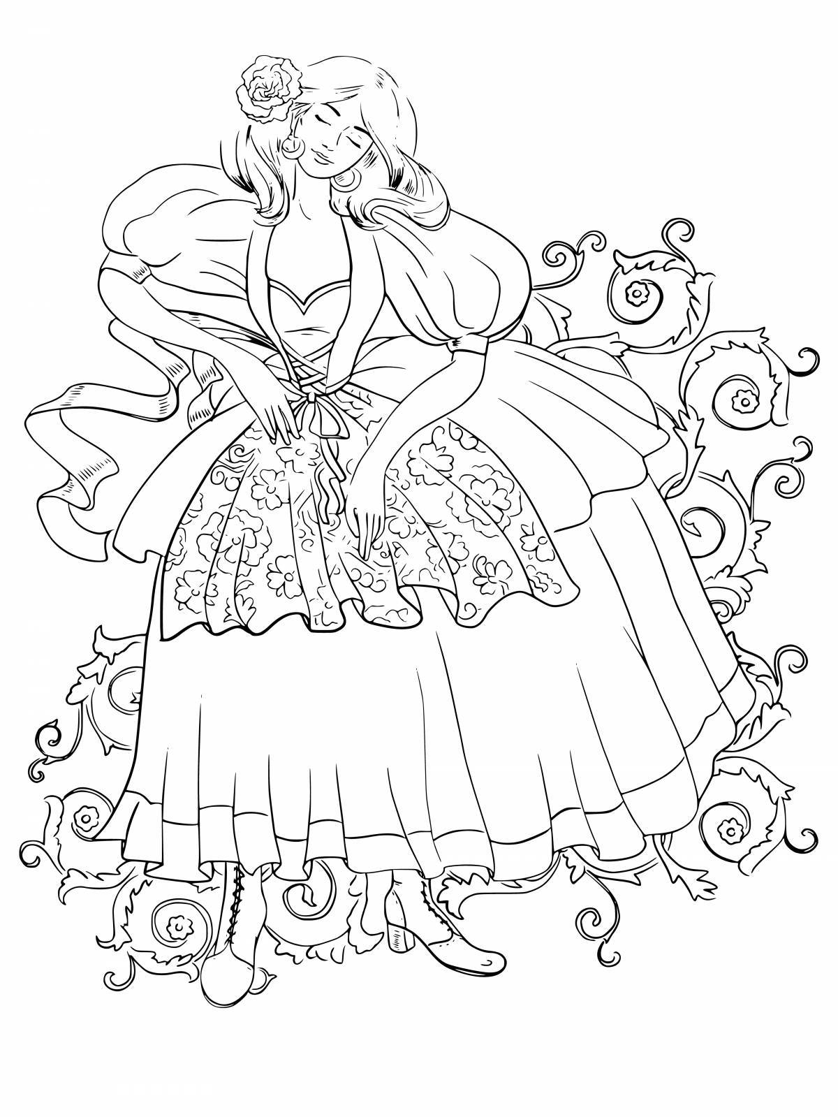 Ornate princess coloring page in beautiful dresses