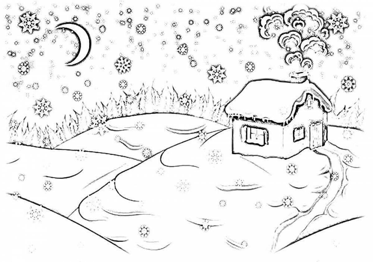 Scenic winter landscape coloring book for children