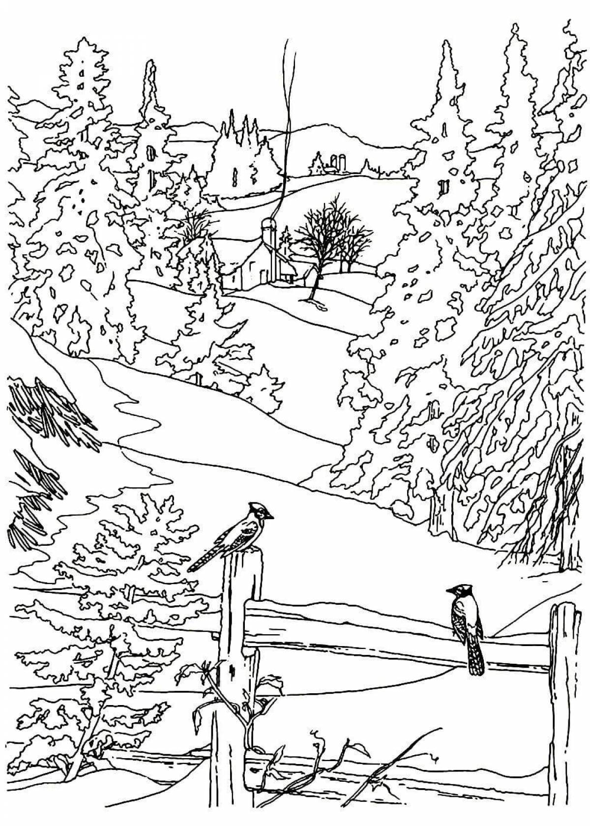 Whimsical winter landscape coloring pages for kids