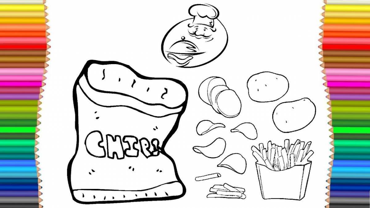 Раскраска - Пицца, мороженое и чипсы
