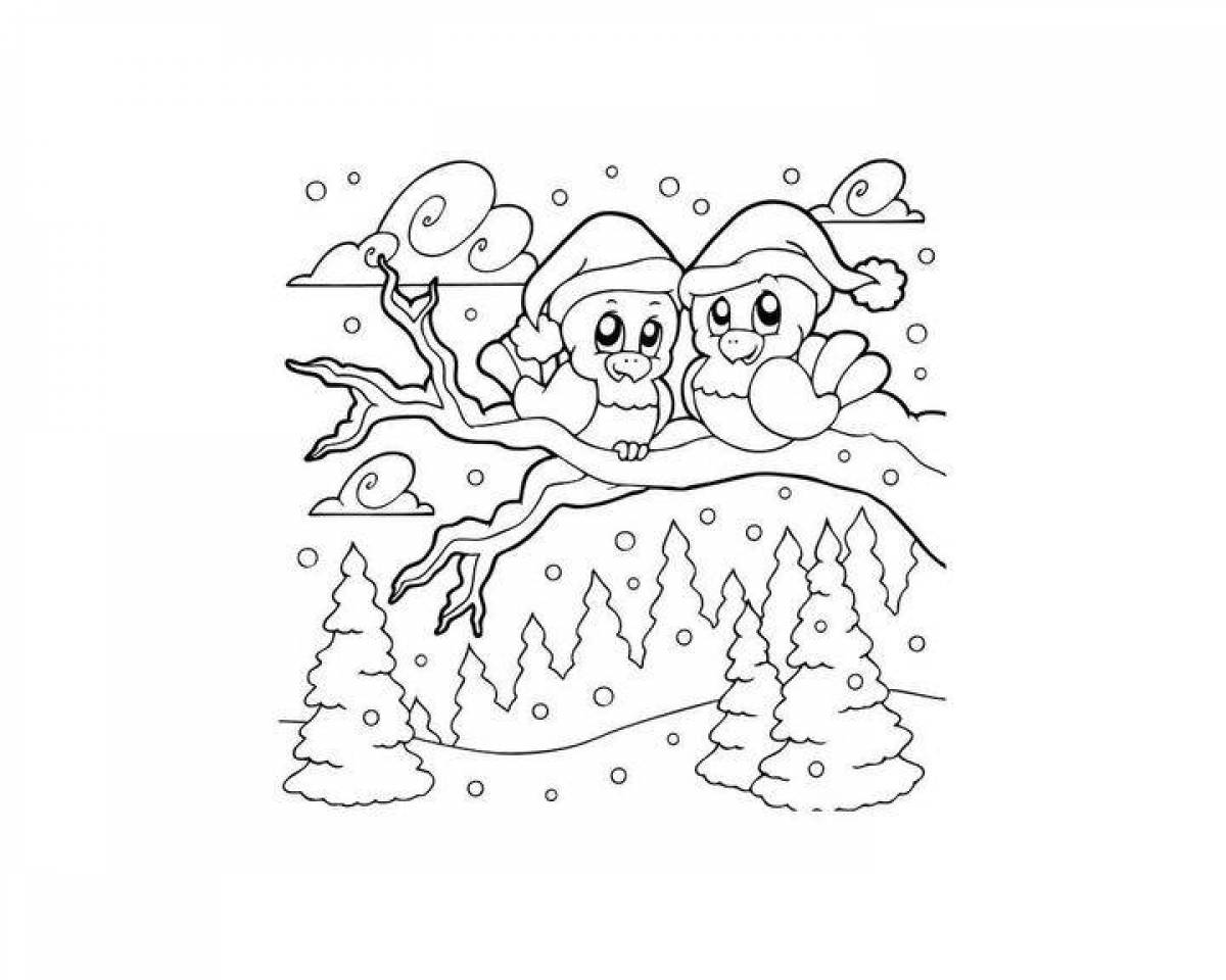 Colorful winter birds coloring page