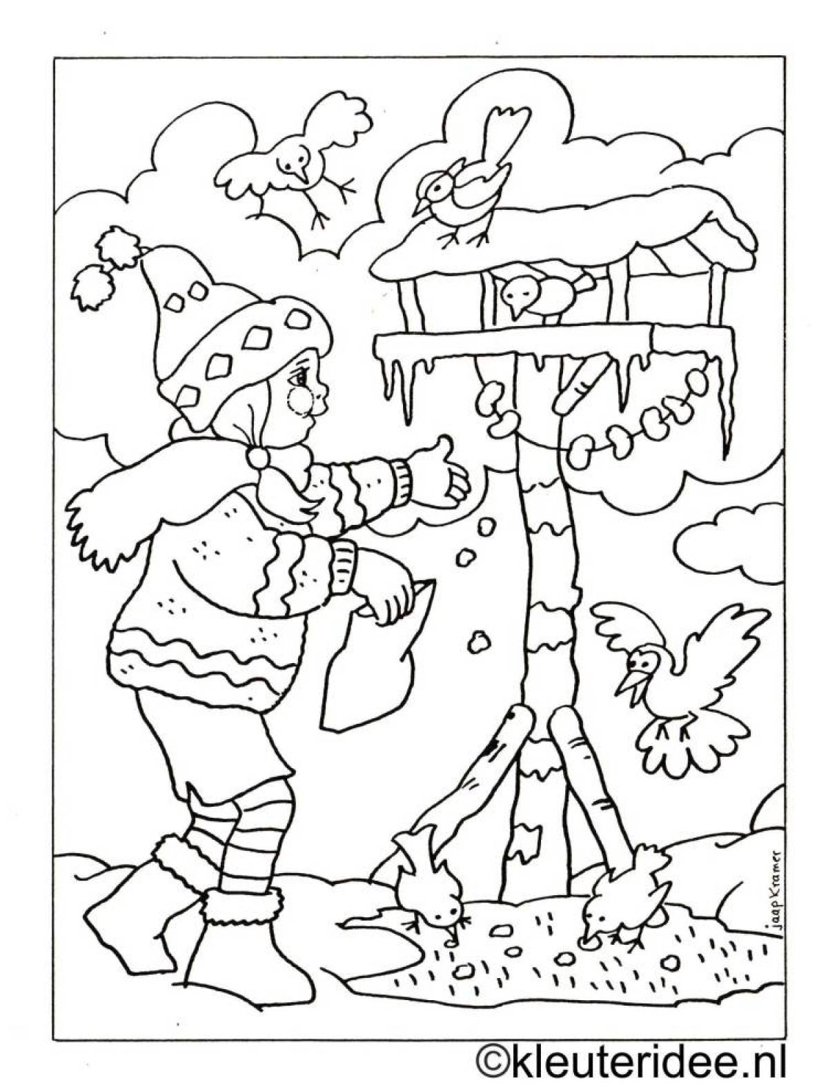 Glittering winter birds coloring page