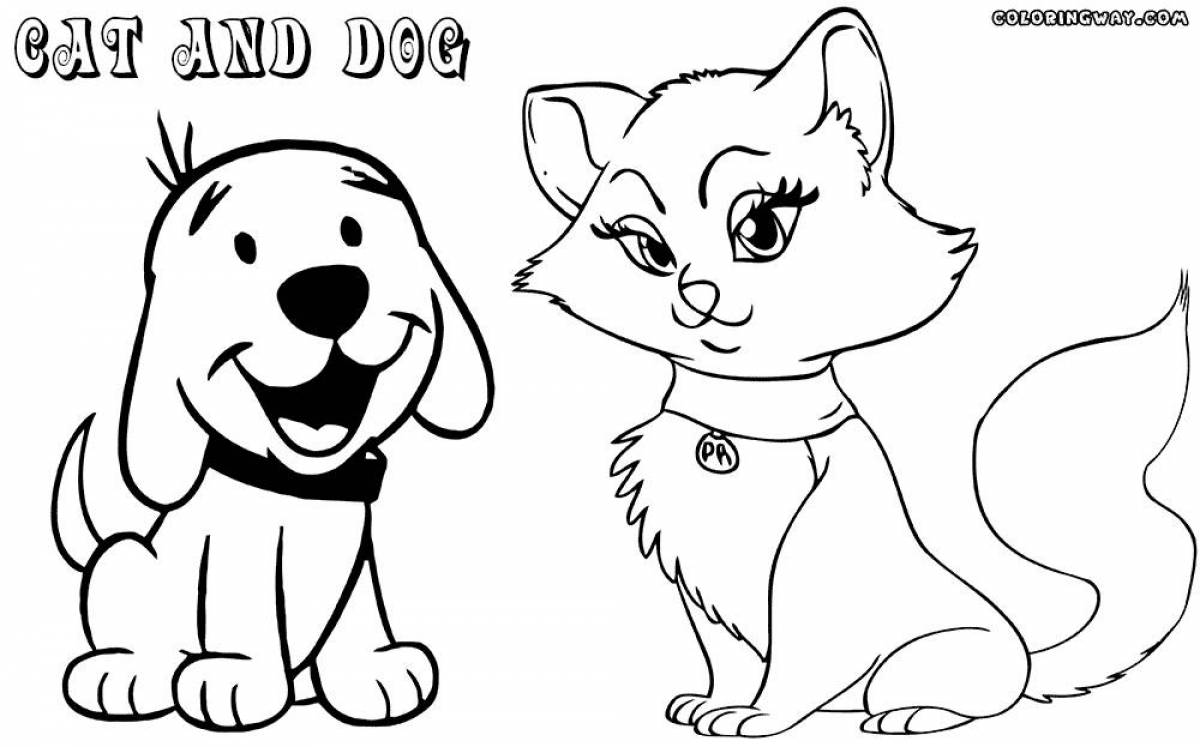 Coloring book playful dog and cat