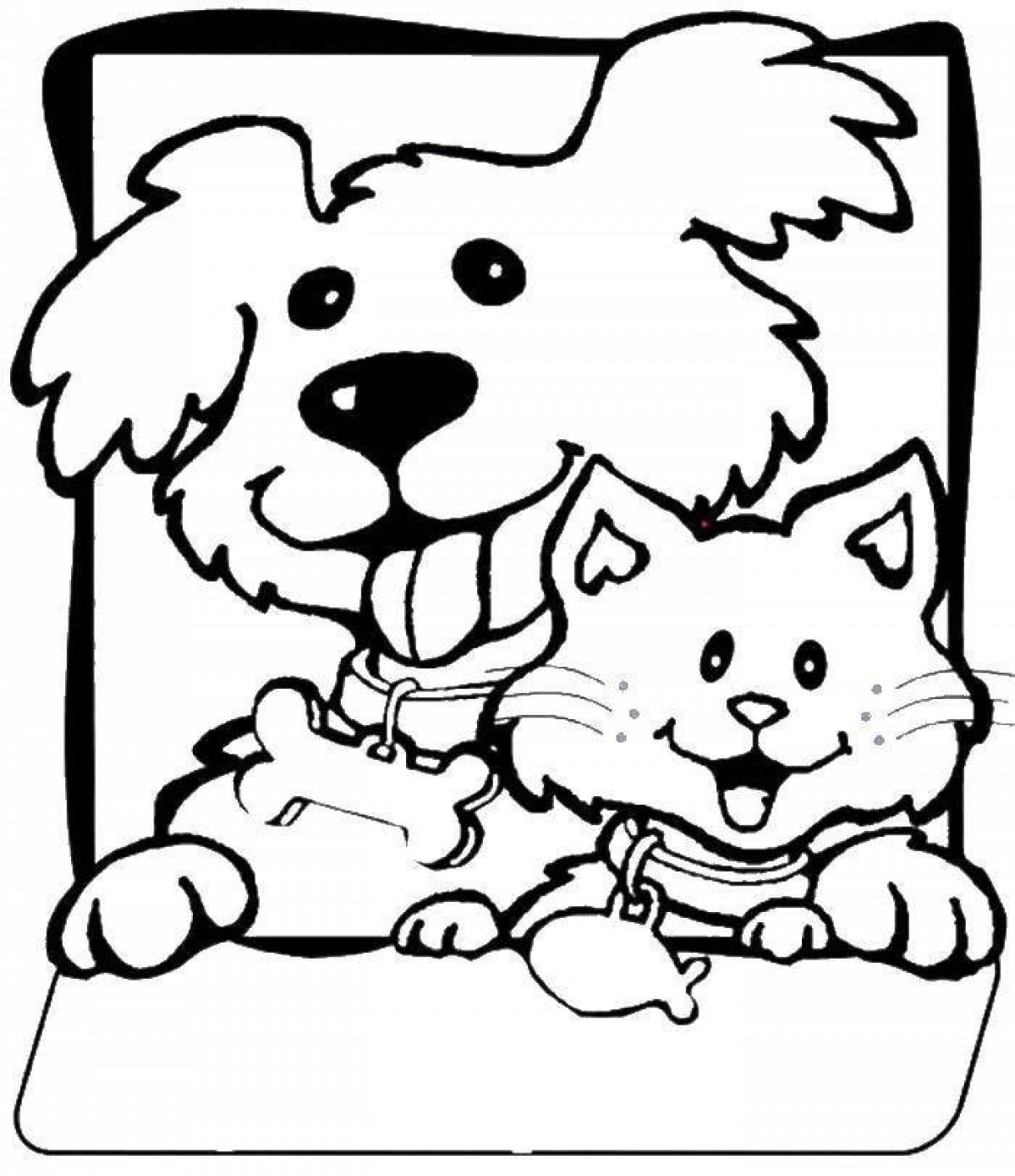 Coloring page fluffy dog ​​and cat