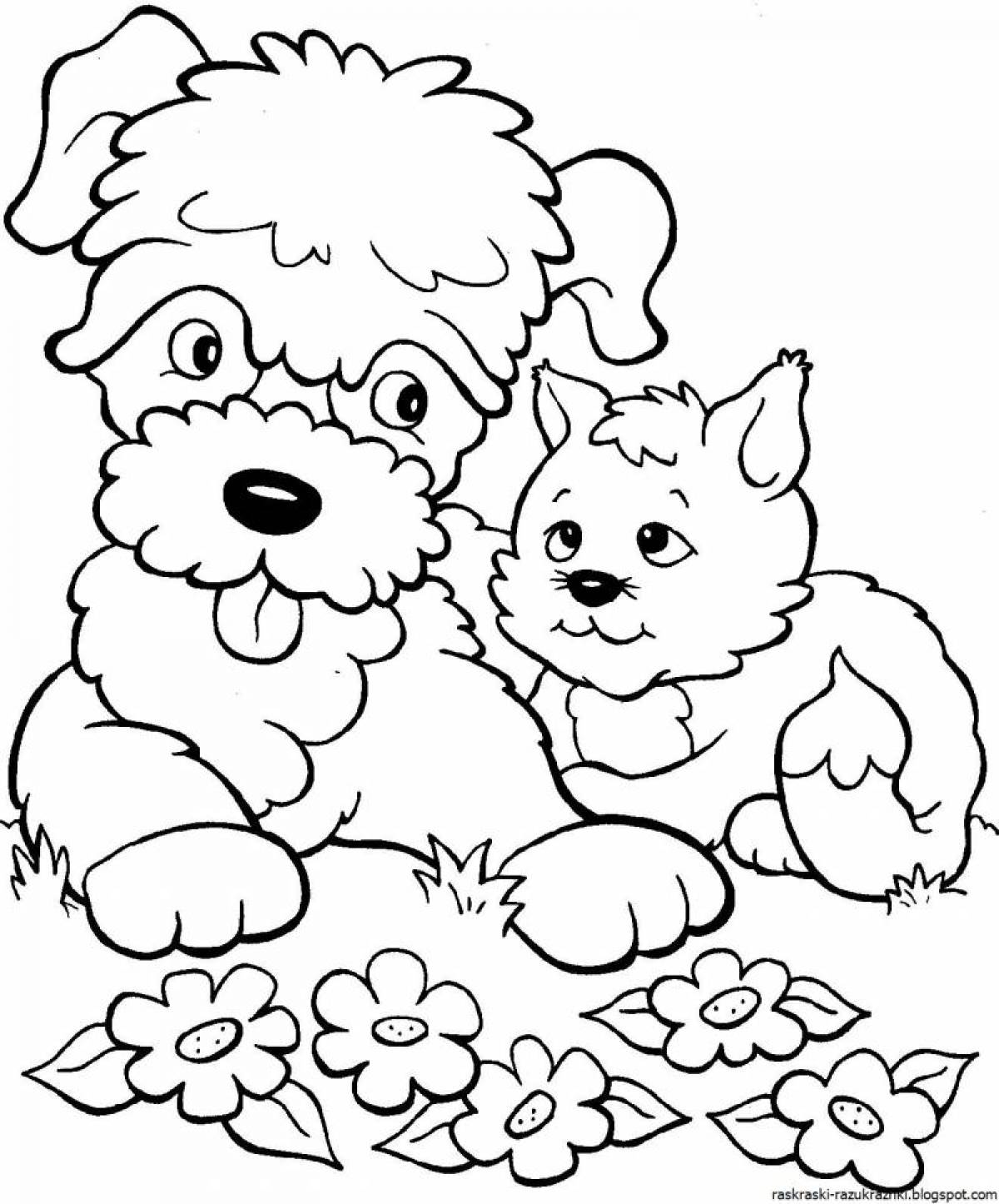 Coloring page happy dog ​​and cat