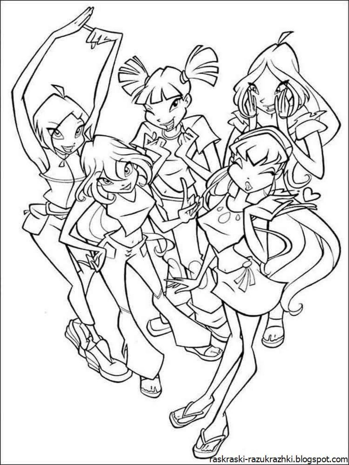 Bright coloring page flora team