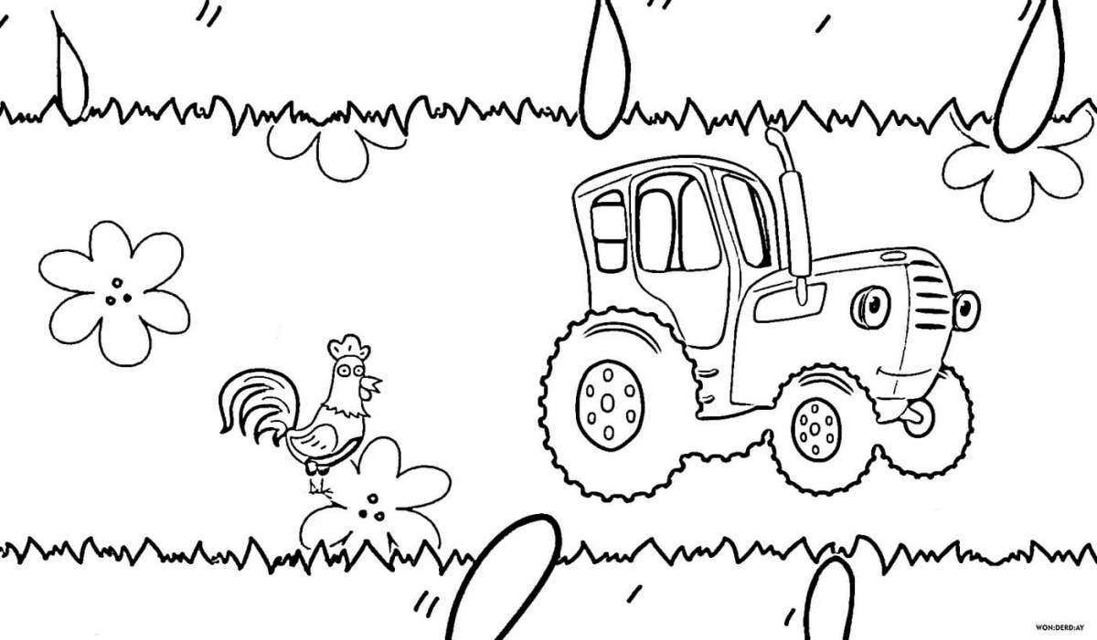 Игривая страница раскраски «синий трактор» для детей