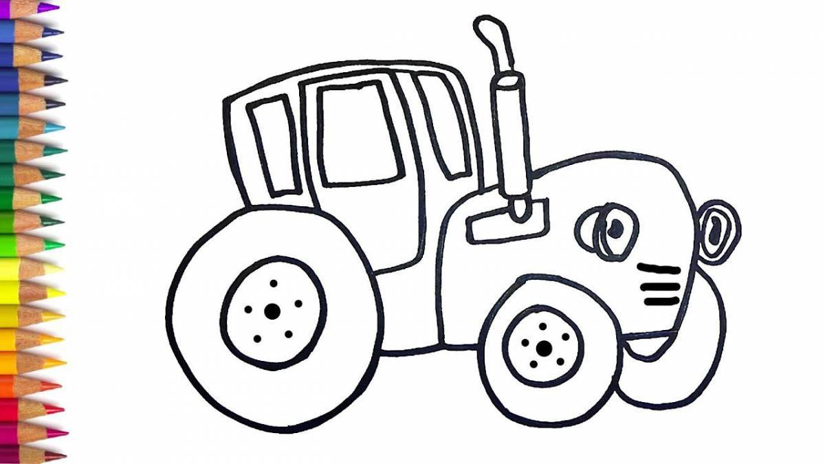 Очаровательная страница-раскраска «синий трактор» для младших школьников