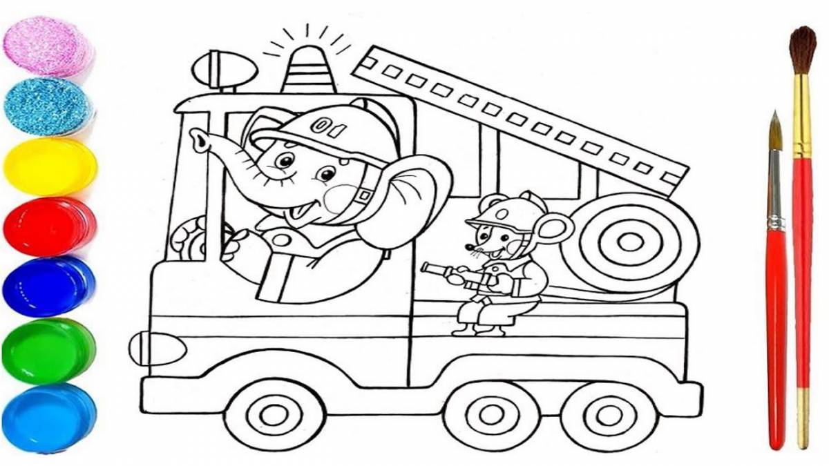 Joyful fire truck coloring for kids