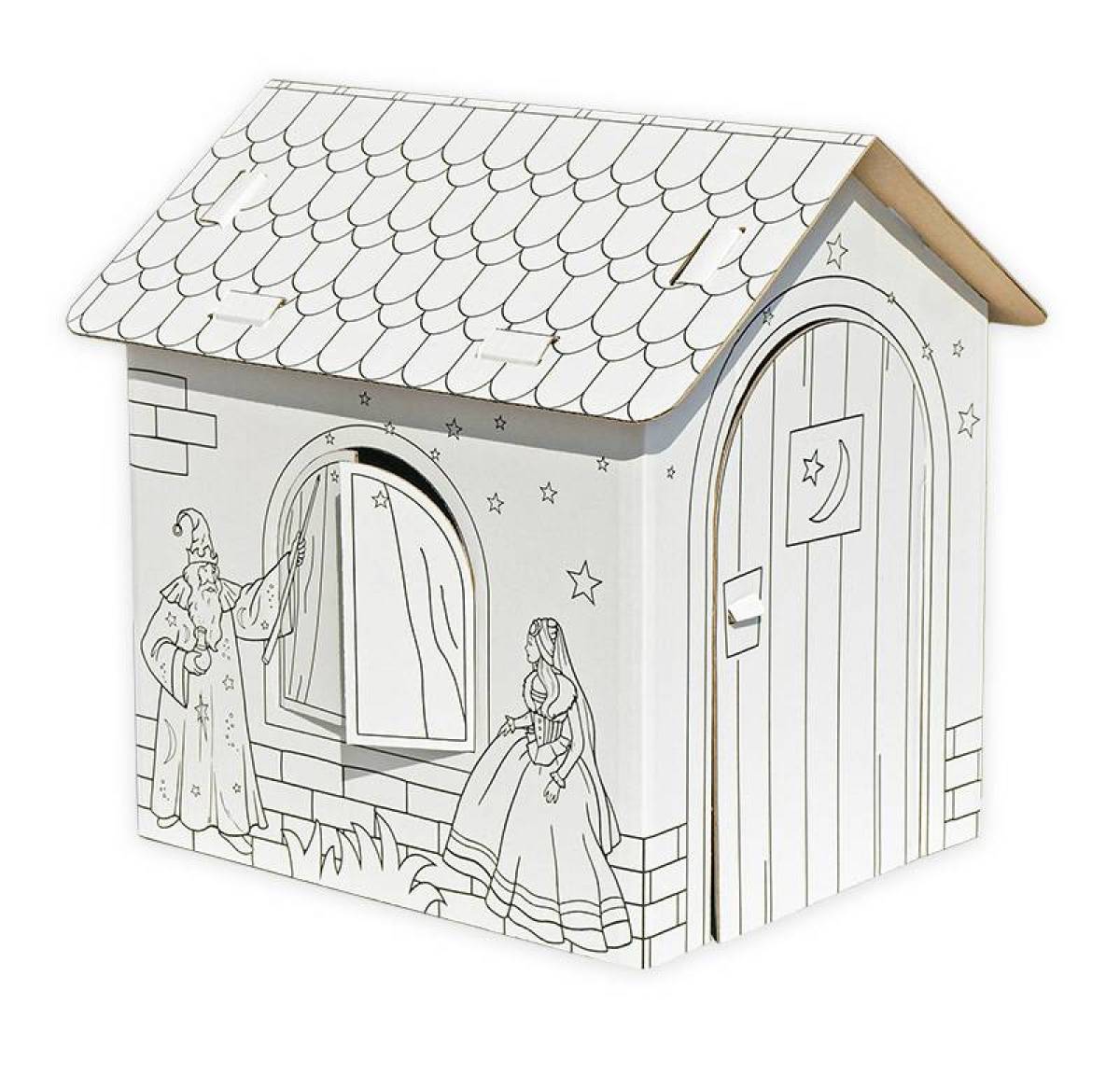 Colour-filled cardboard house coloring page