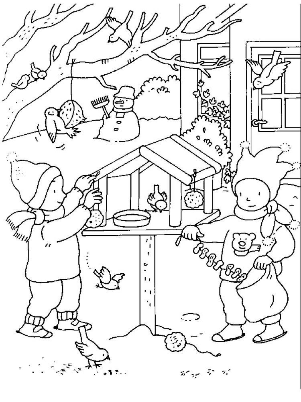 Раскраска кормушка с птицами зимой для детей