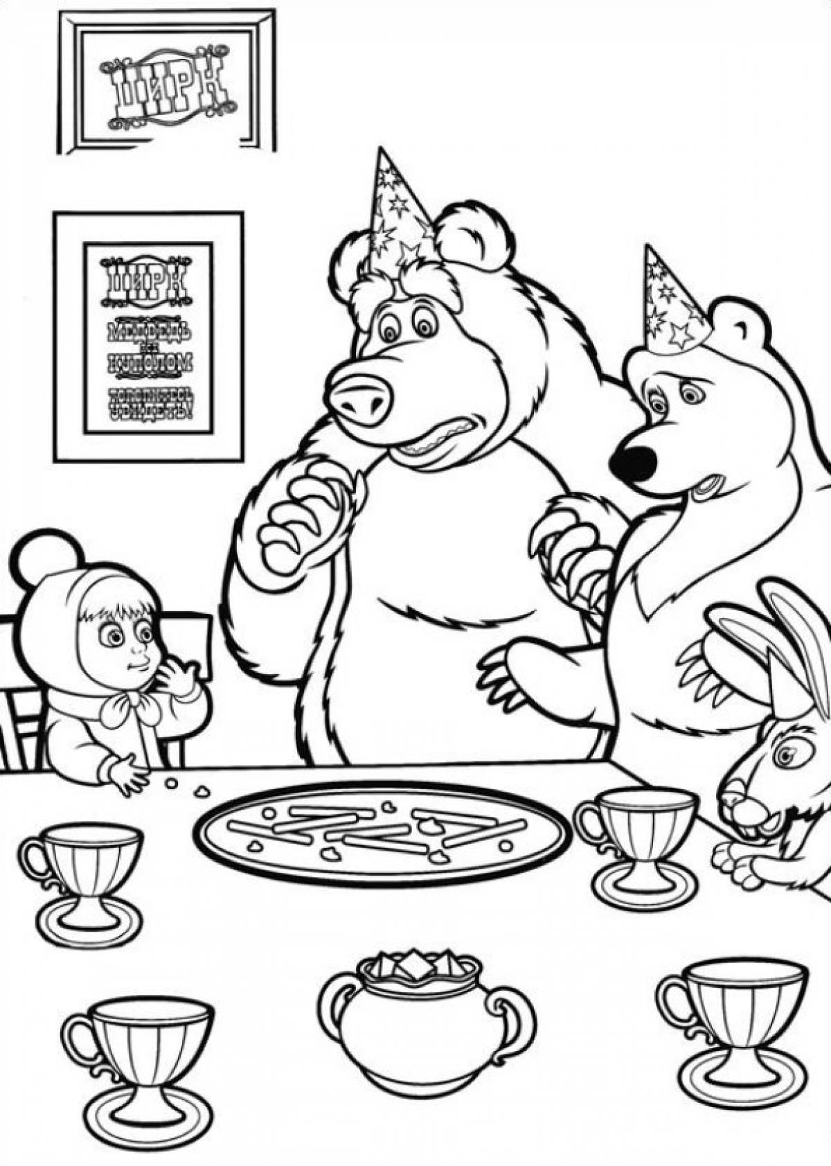 Раскраска Маша и медведь за столом