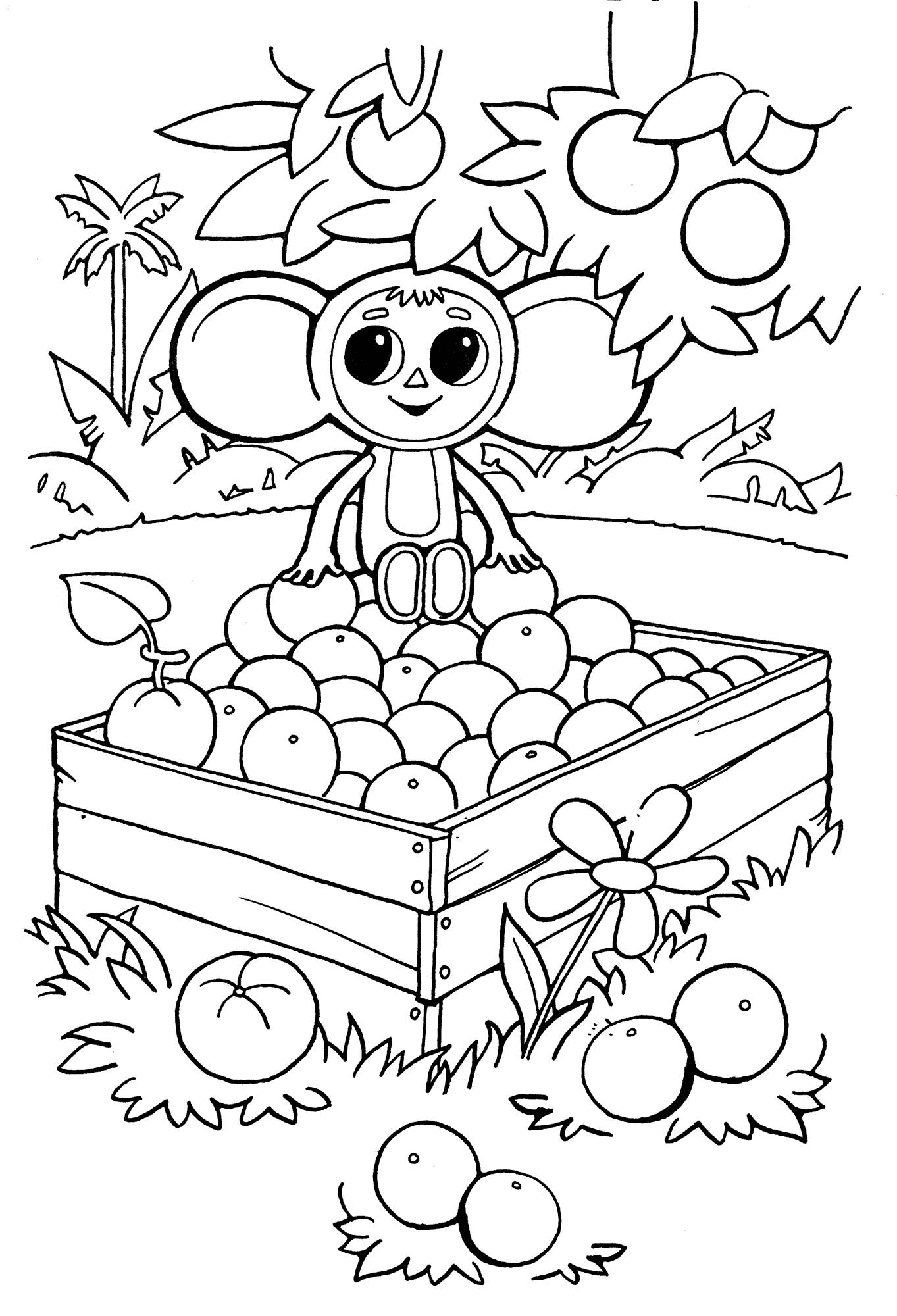 Cheburashka in the apple orchard