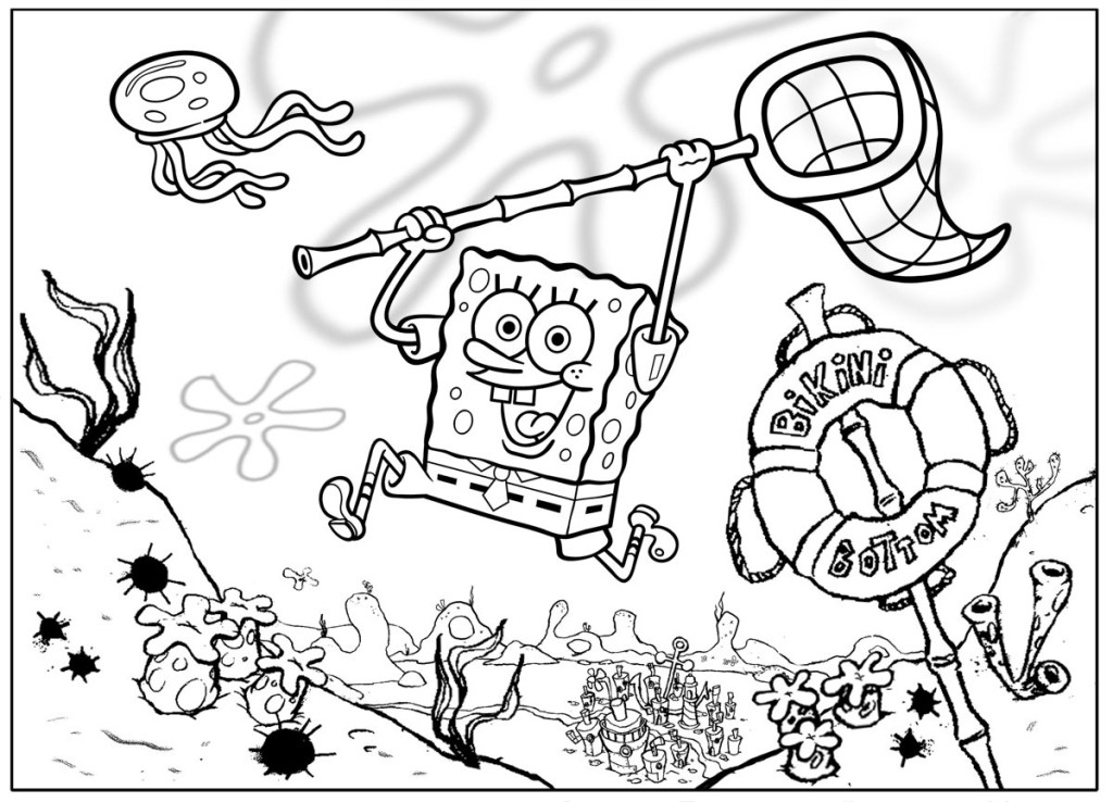 Coloring pages Spongebob is catching a jellyfish