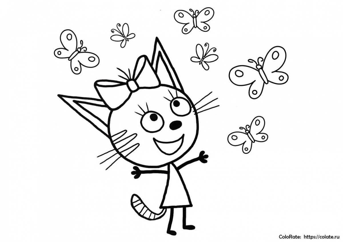 Three cats playful coloring page