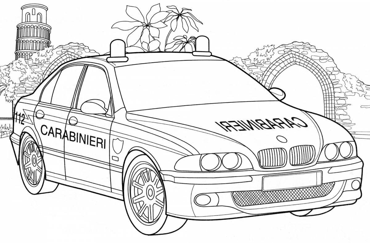 Оживленная страница раскраски полицейской машины для дошкольников