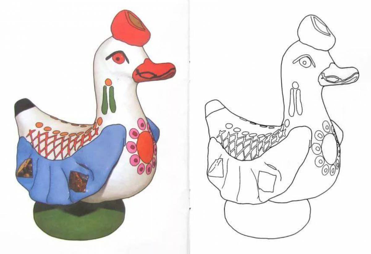 Веселая раскраска дымковская утка для дошкольников