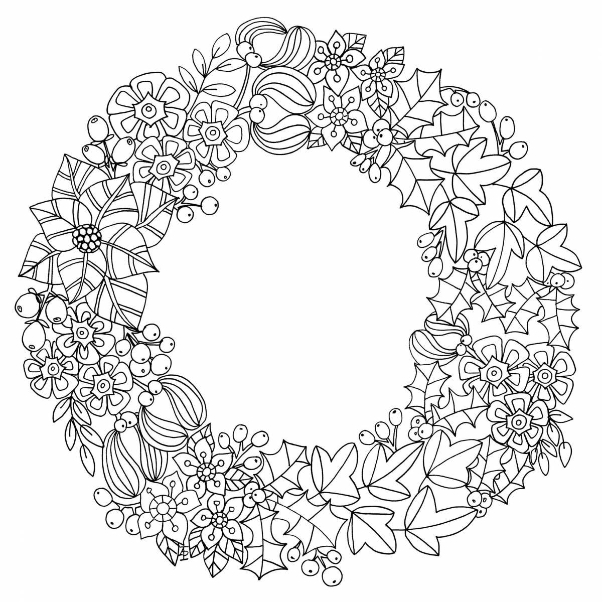 Intricate Christmas wreath coloring page