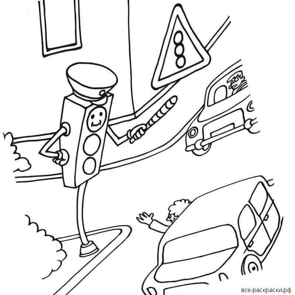 Colorful traffic light coloring page for 6-7 year olds