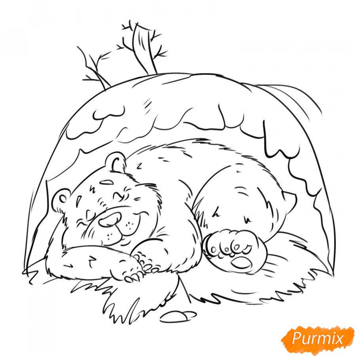 Coloring page pensive bear in the lair