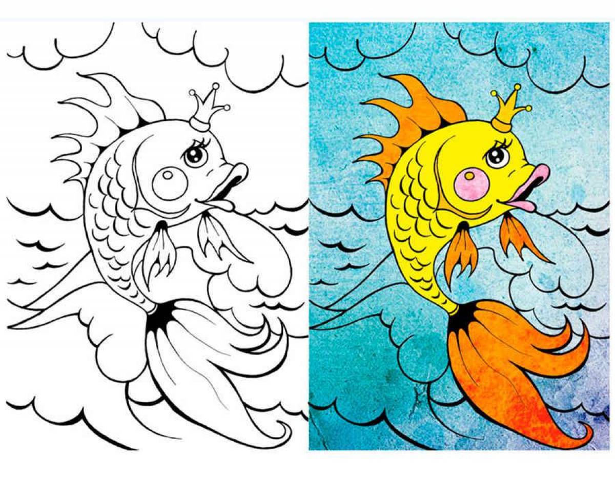 Красочная страница раскраски золотая рыбка для детей