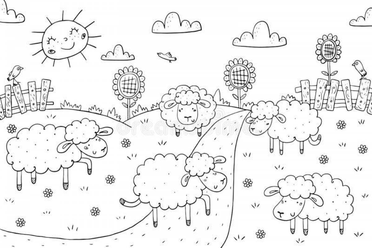 Раскраска поле с овечками
