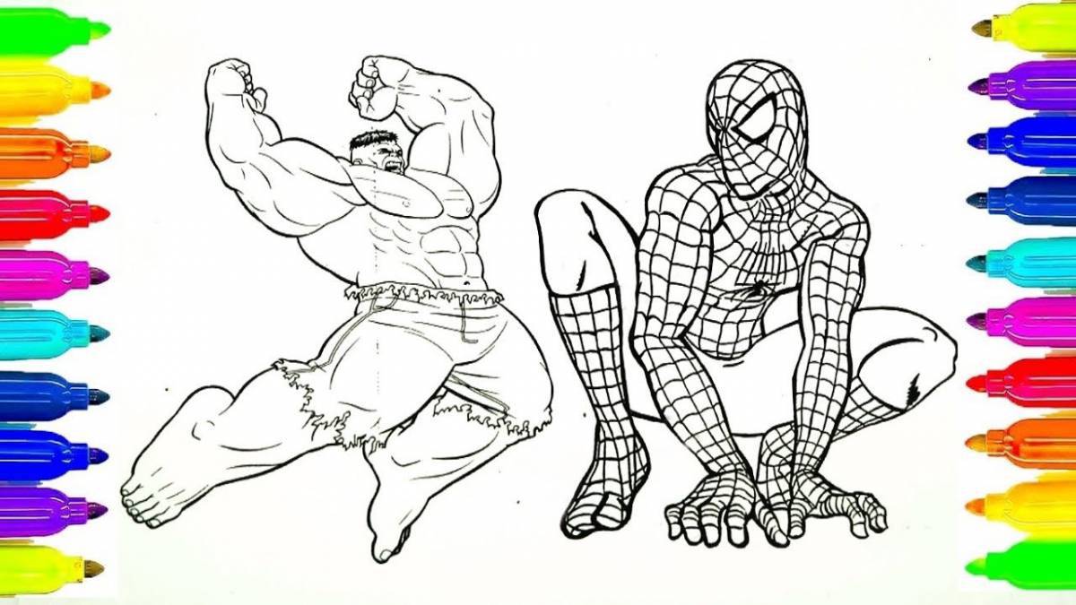 Coloring page dazzling hulk and spiderman