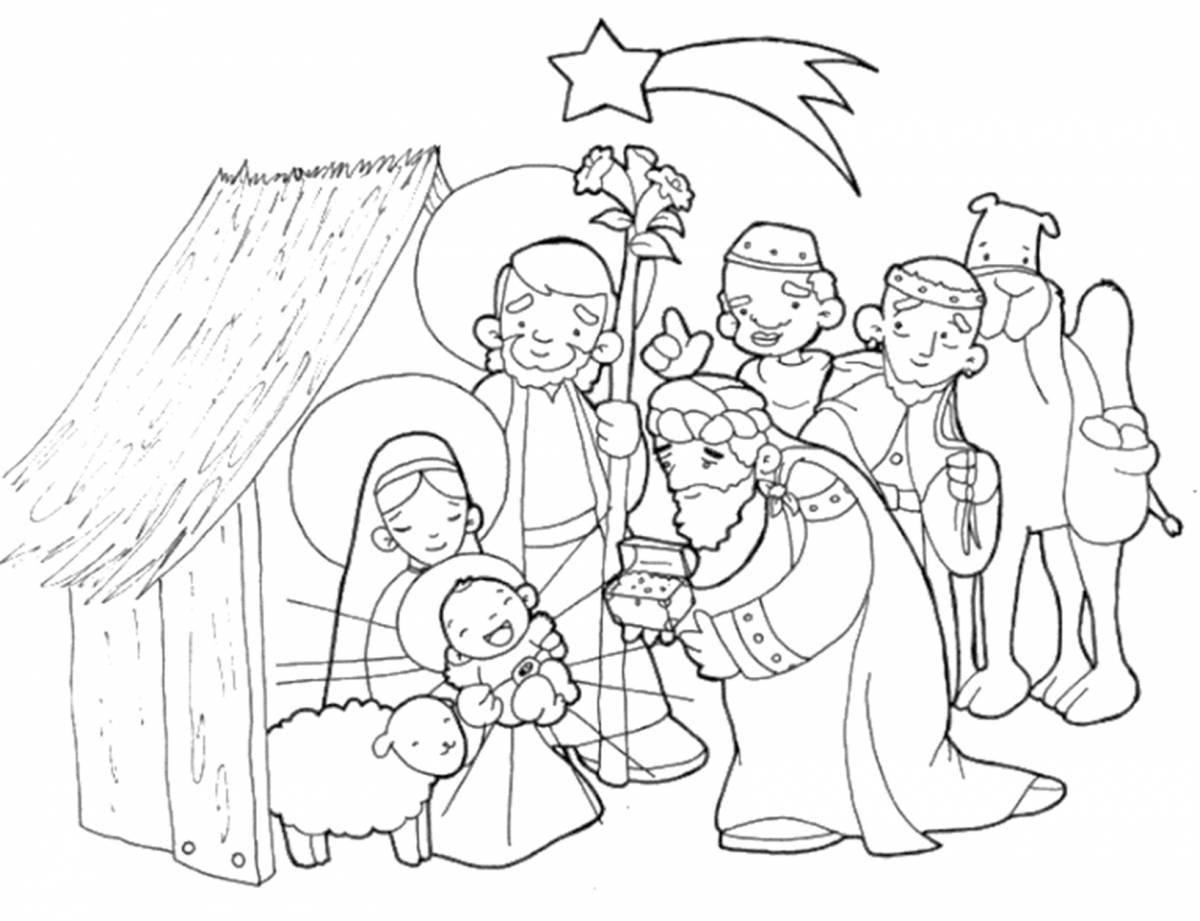 Luminous nativity scene coloring book