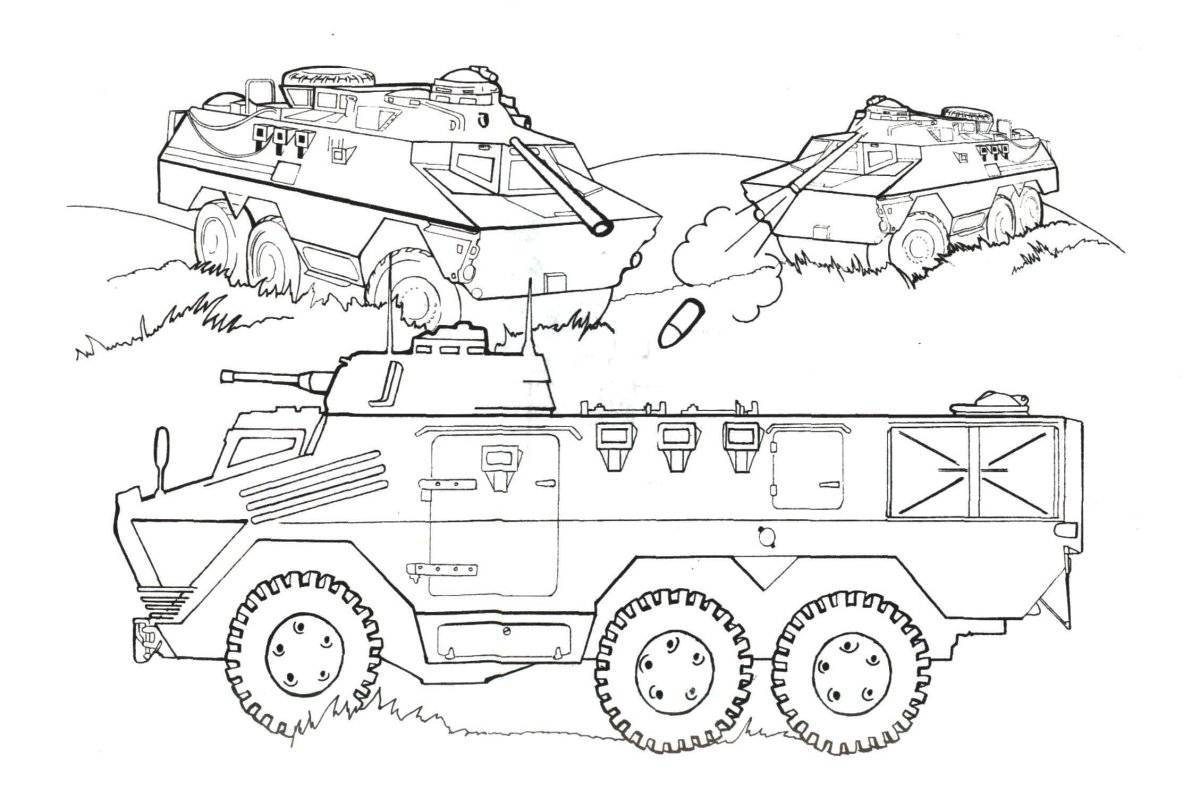 Colorful military vehicles coloring page for boys