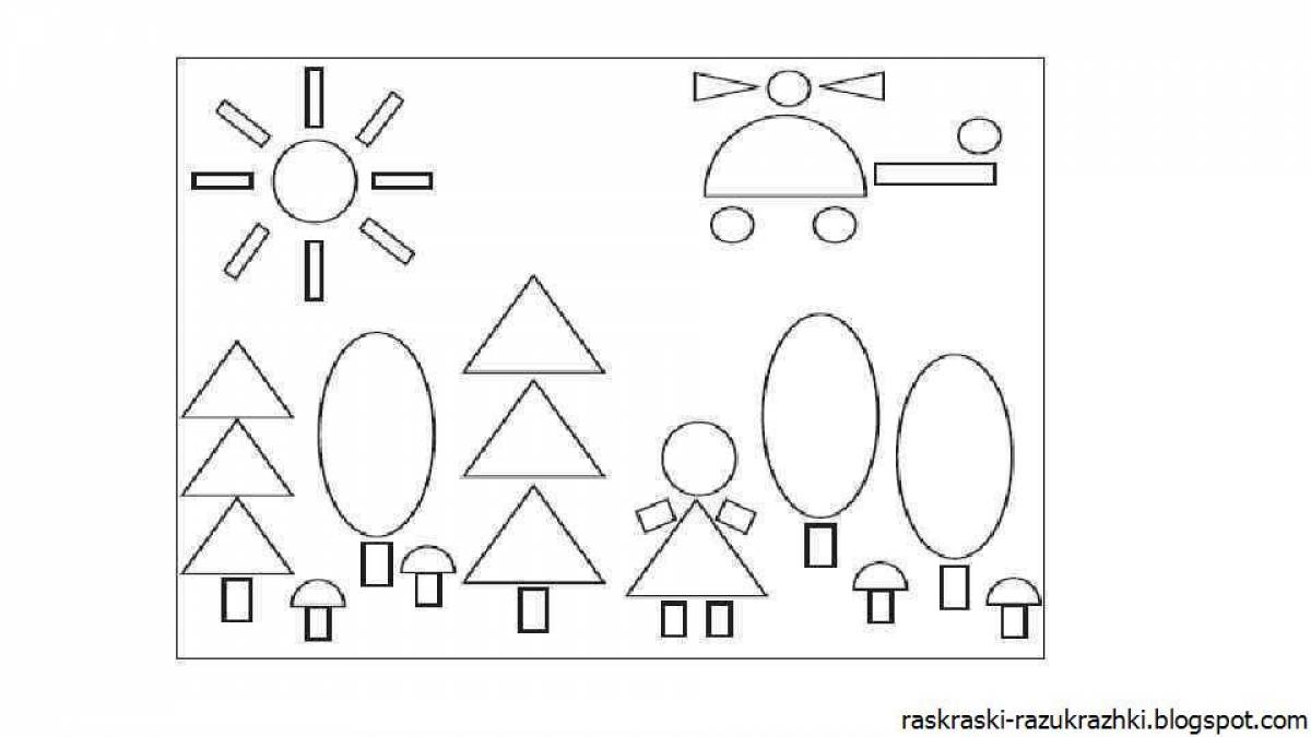 Раскраска геометрические фигуры с искрящимися цветами для детей 3-4 лет