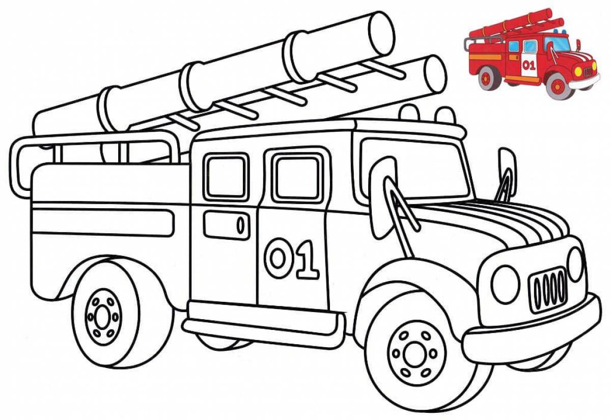 Игривая страница раскраски пожарной машины для детей