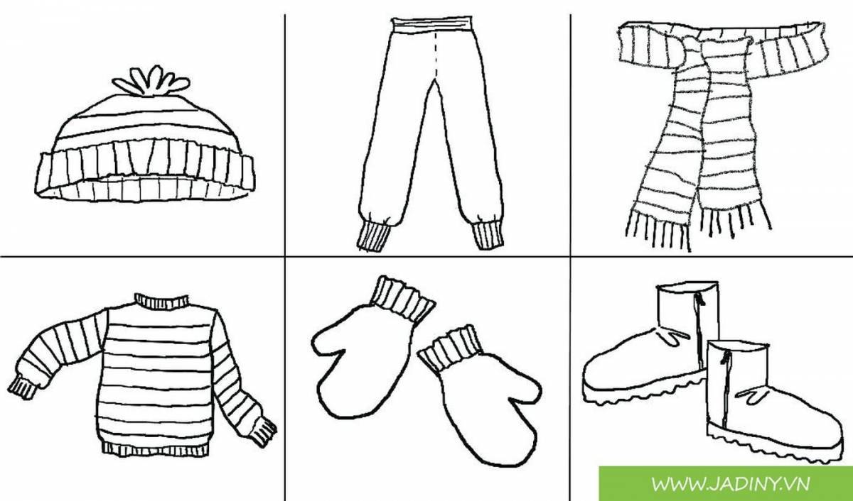 Colorful winter clothes coloring page for kids