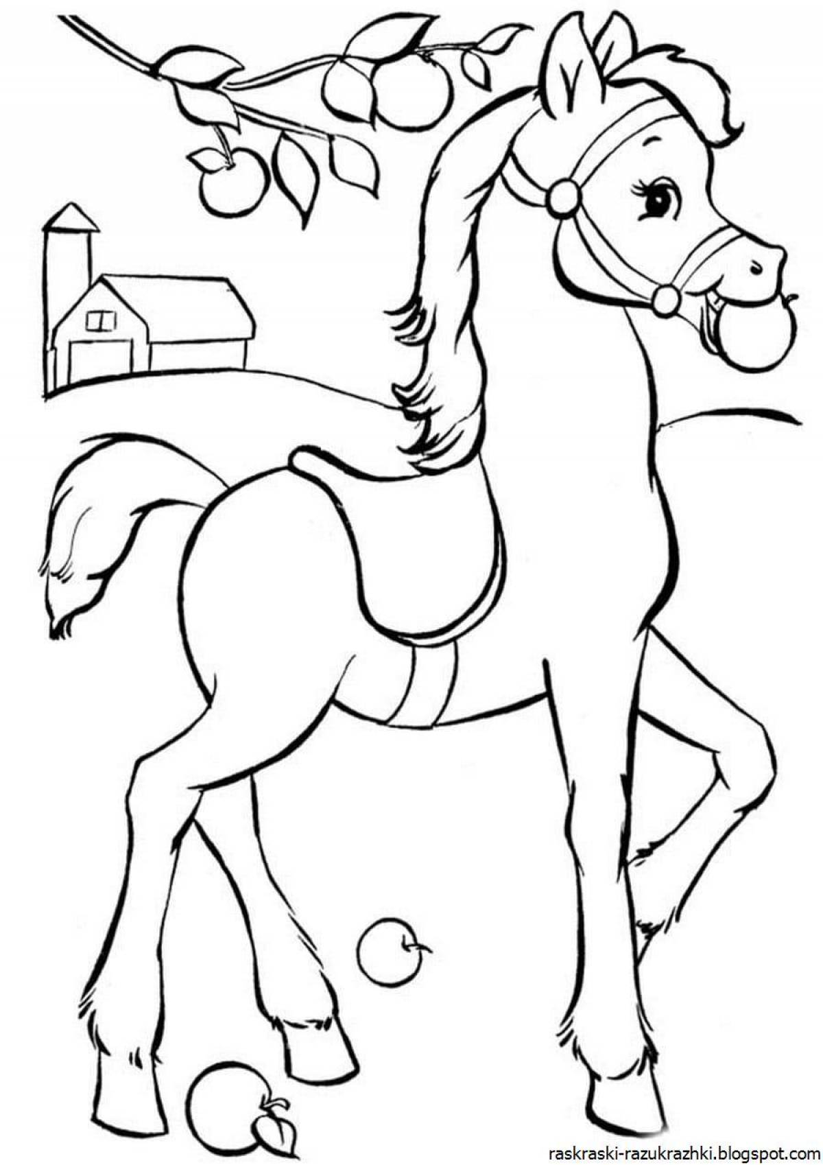 Playful chestnut coloring horse for kids