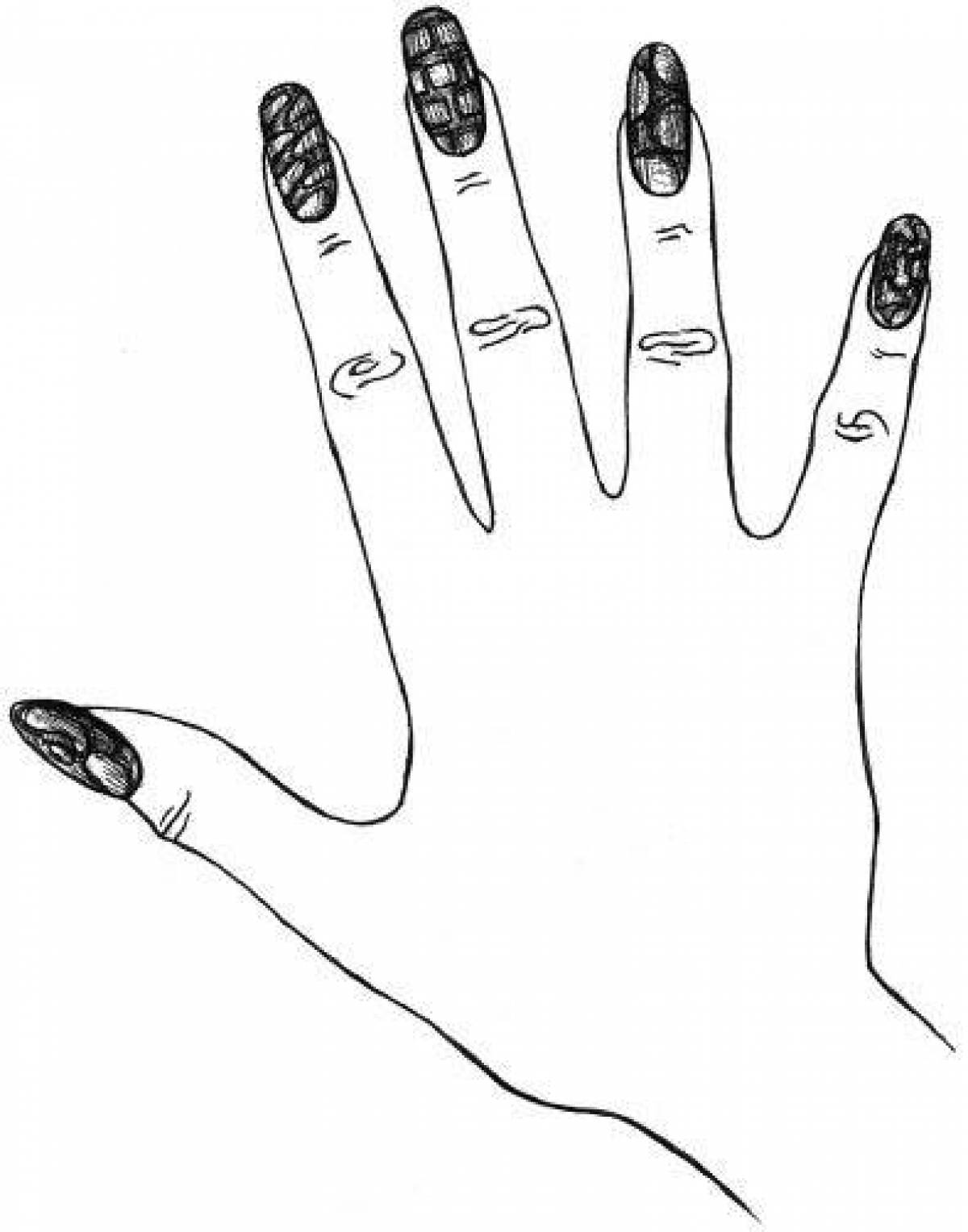 Coloring book shock hand with nails