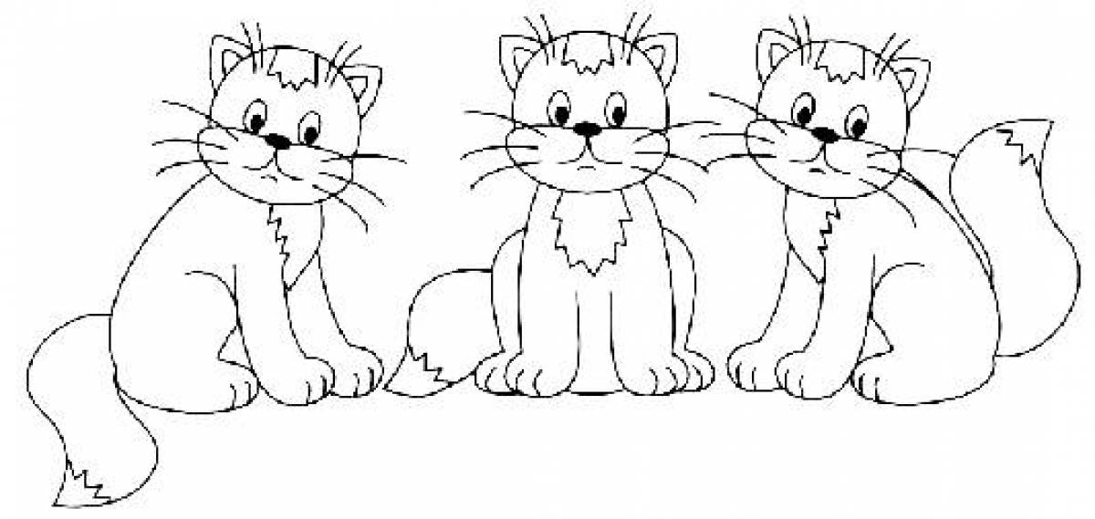 Раскраска три котенка дружно играют с мячом