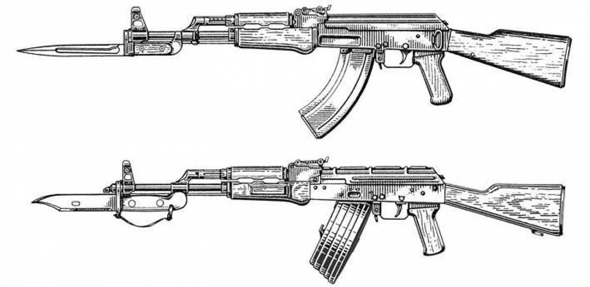 Coloring book glowing Kalashnikov assault rifle