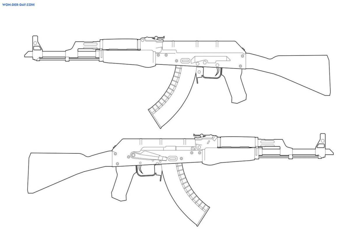 Coloring book mystical Kalashnikov assault rifle