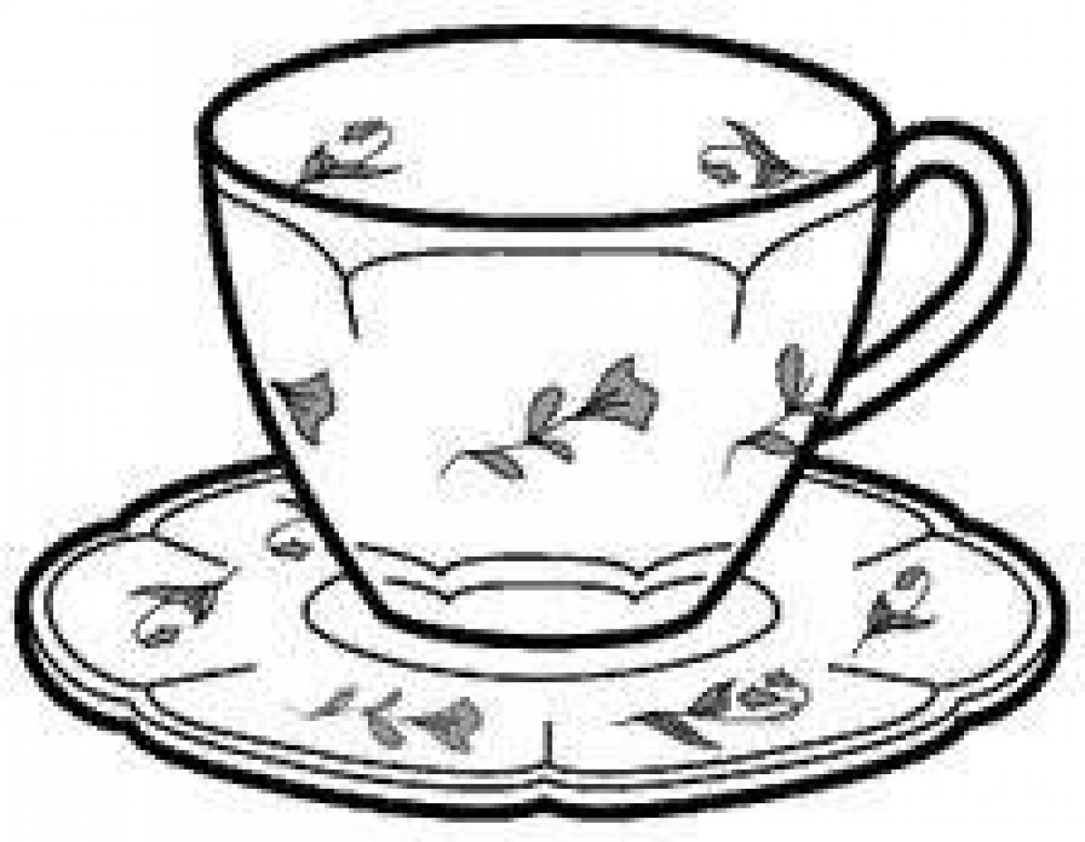 Playful cup and saucer coloring page