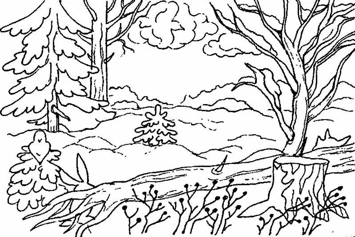Раскраска безмятежный зимний лес для детей
