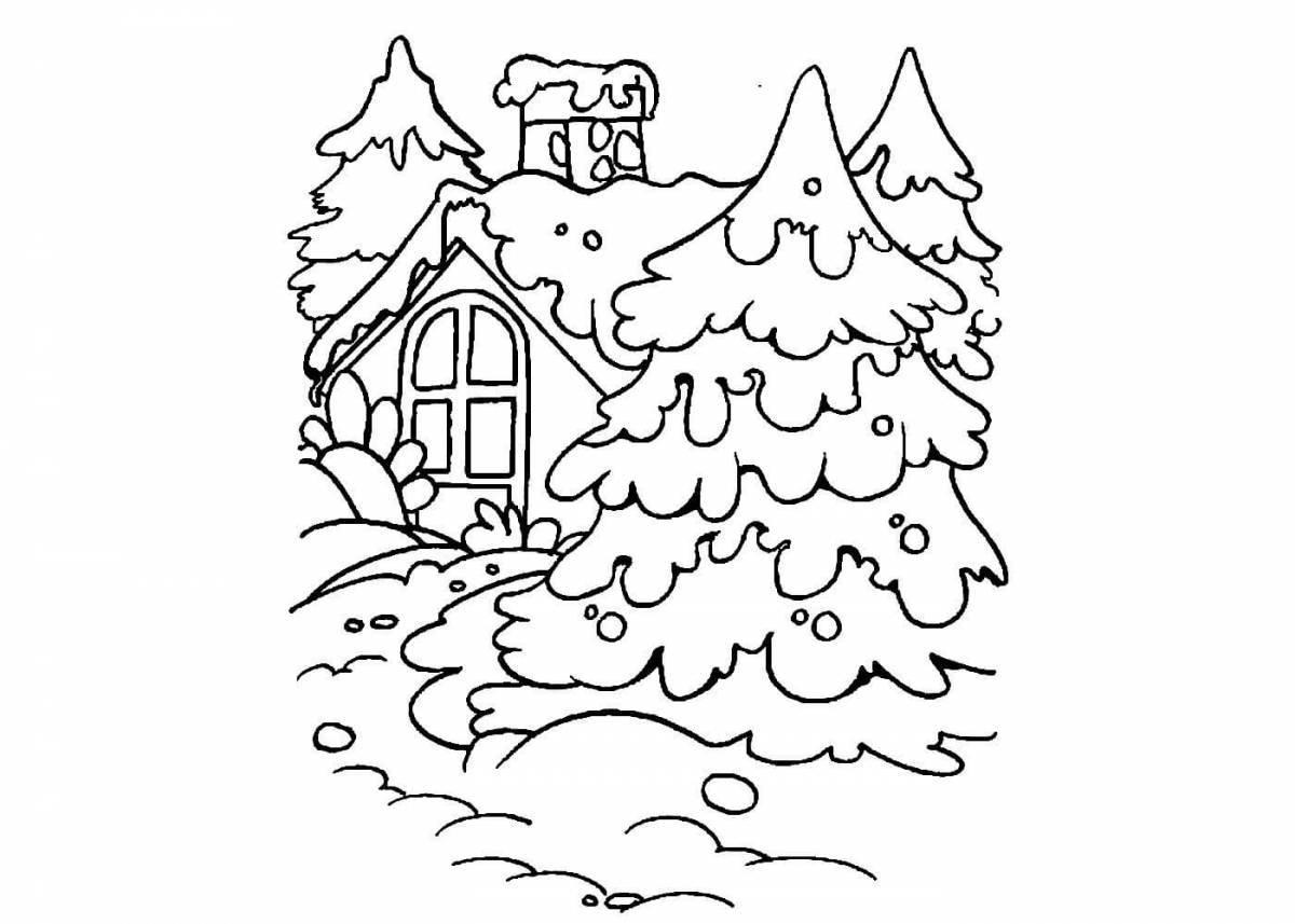 Sparkling winter forest coloring page for kids