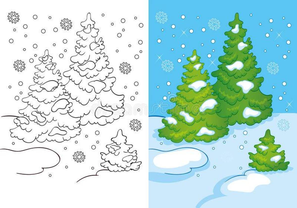 Colorful winter forest coloring page for kids