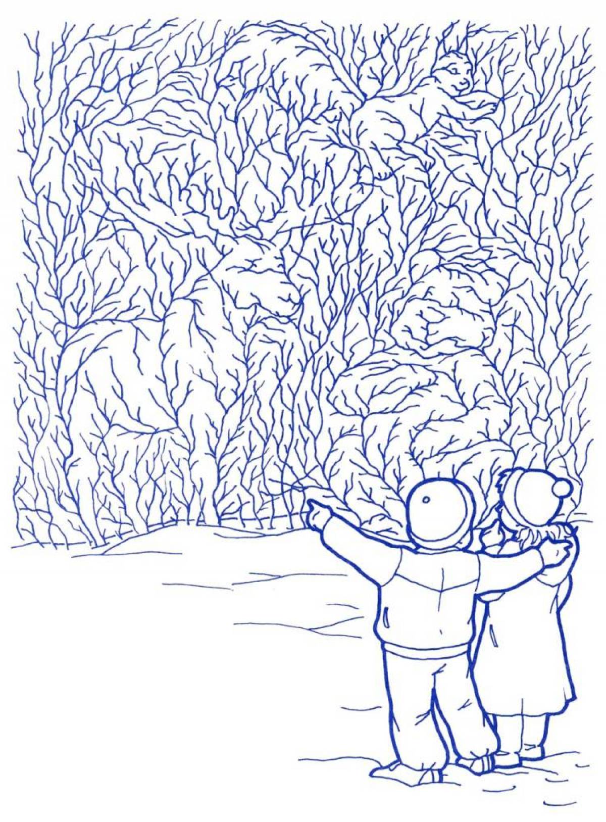 Игривая страница раскраски зимнего леса для детей