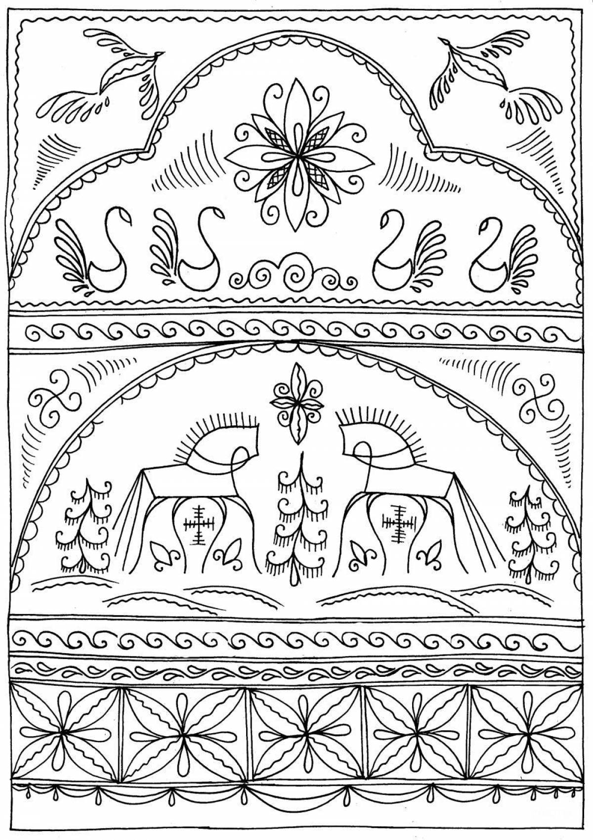 Крымская роспись раскраска. Борецкая роспись орнамент в полосе. Зооморфный орнамент древней Руси. Мезенская (палащельская) роспись. Прялочная Мезенская роспись.